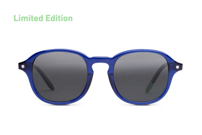 Limited edition indigo blue round sunglasses with dark lenses on white background