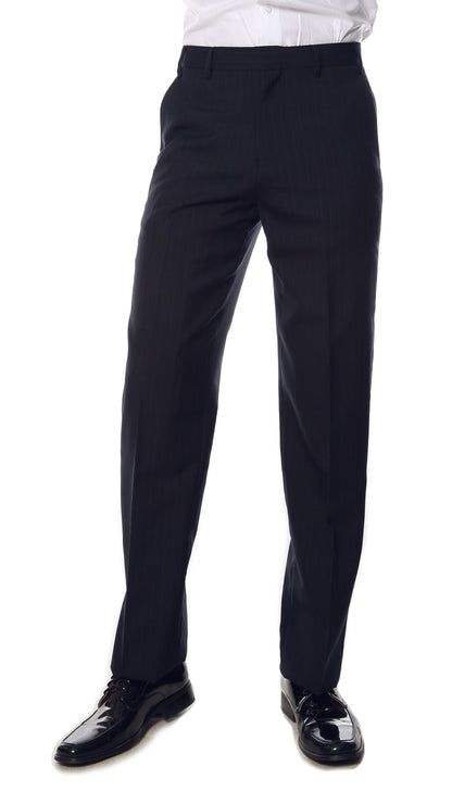 Navy Pinstripe Mens Regular Fit Uniform Dress Pants modeled on a man wearing shiny black shoes.