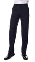 Navy Pinstripe Mens Regular Fit Uniform Dress Pants modeled on a man wearing shiny black shoes.