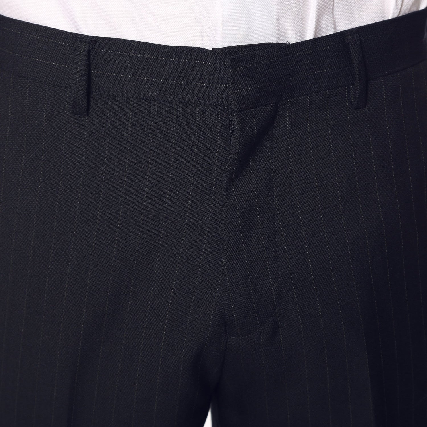 Navy Pinstripe Mens Regular Fit Uniform Dress Pants close-up showing front detailing and waistband.