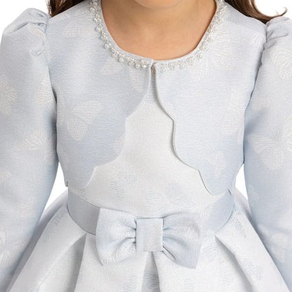 Baby Blue Princess Dress featuring a charming bow and decorative pearl detailing on the neckline.