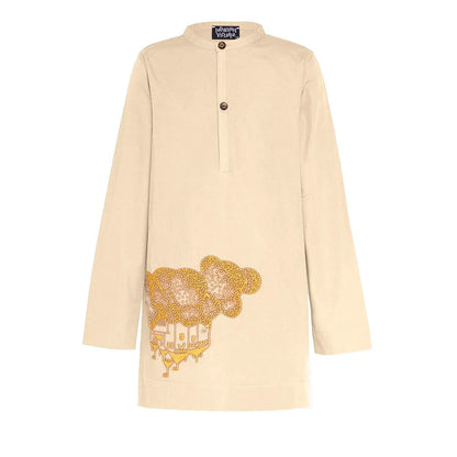 Beige Kids Tunic with Golden Castle Embroidery featuring a unique castle design and crafted from organic cotton.