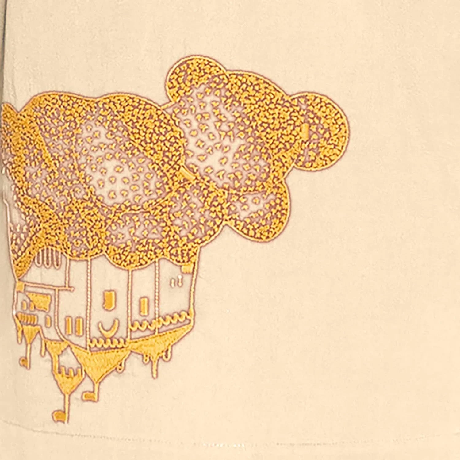 Beige Kids Tunic with Golden Castle Embroidery featuring intricate hand-embroidered golden cloud design.