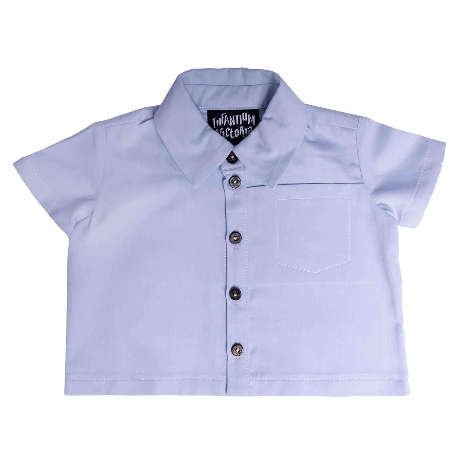 Blue Sateen Baby Shirt featuring a pocket and button closure, perfect for family outings.