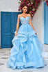 A-Line evening dress with a sweetheart neckline in stunning blue, featuring ruffled layers and intricate beadwork.