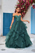 A-Line evening dress with a sweetheart neckline in emerald color with layers and floral detailing.