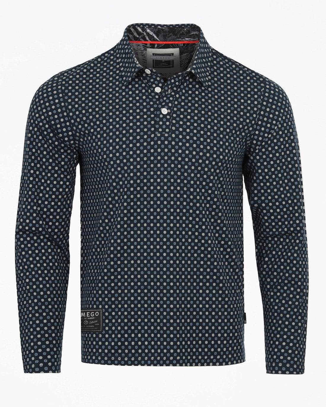 ZIMEGO Mens Long Sleeve Golf Polo Stretch Office Casual Holiday T-Shirt in navy with polka dot pattern, soft and lightweight.