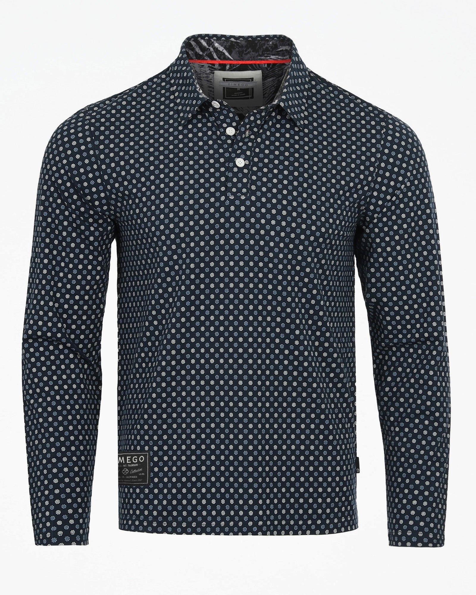 ZIMEGO Mens Long Sleeve Golf Polo Stretch Office Casual Holiday T-Shirt in navy with polka dot pattern, soft and lightweight.