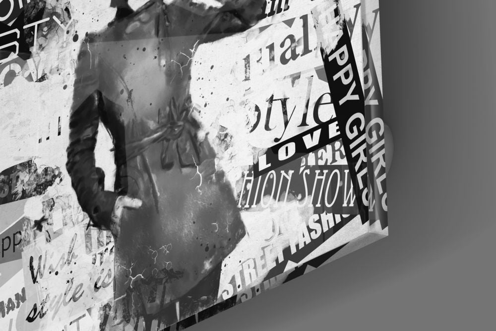 Fashion Glass Wall Art showcasing a stylish model surrounded by fashion-themed text and vibrant graphics.