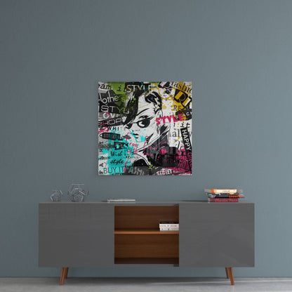Fashion Glass Wall Art featuring vibrant street-style design on a decorative wall.