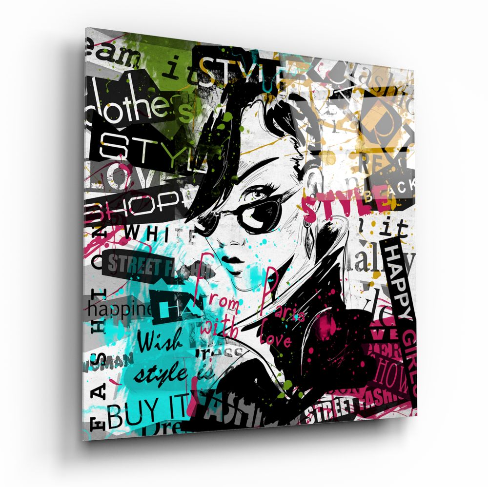 Fashion Glass Wall Art featuring a stylish illustration with vibrant colors and trendy typography.