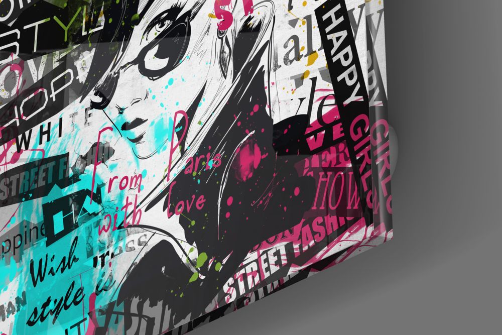 Fashion Glass Wall Art featuring a vibrant, stylish design with colorful text and illustrations, perfect for contemporary home decor.