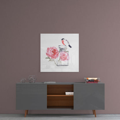 Perfume Glass Wall Art featuring a pink rose and a bird, elegantly displayed on a wall above a modern cabinet.