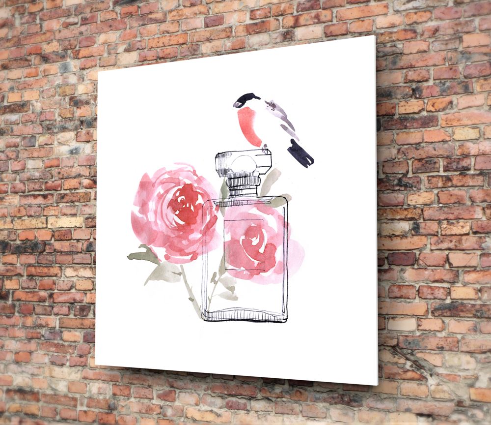 Perfume Glass Wall Art featuring a watercolor perfume bottle and pink roses on a brick wall backdrop.