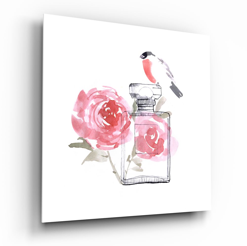 Perfume Glass Wall Art featuring a watercolor perfume bottle with roses and a bird, ideal for home decor.