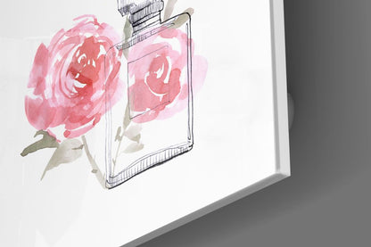 Perfume Glass Wall Art featuring a watercolor design of a perfume bottle with pink roses.
