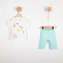 Happy Fruit Baby Girls Leggings Set of a t-shirt with fruit design and blue cotton leggings hanging on display.