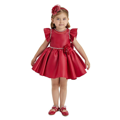 Sara Satin Girls Formal Dress in red satin with frilly sleeves and floral embellishment.