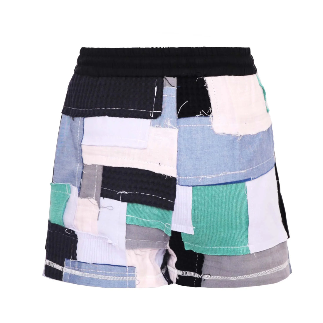 Zero Waste Patchwork Shorts featuring colorful patchwork design with organic cotton and hemp fabric.
