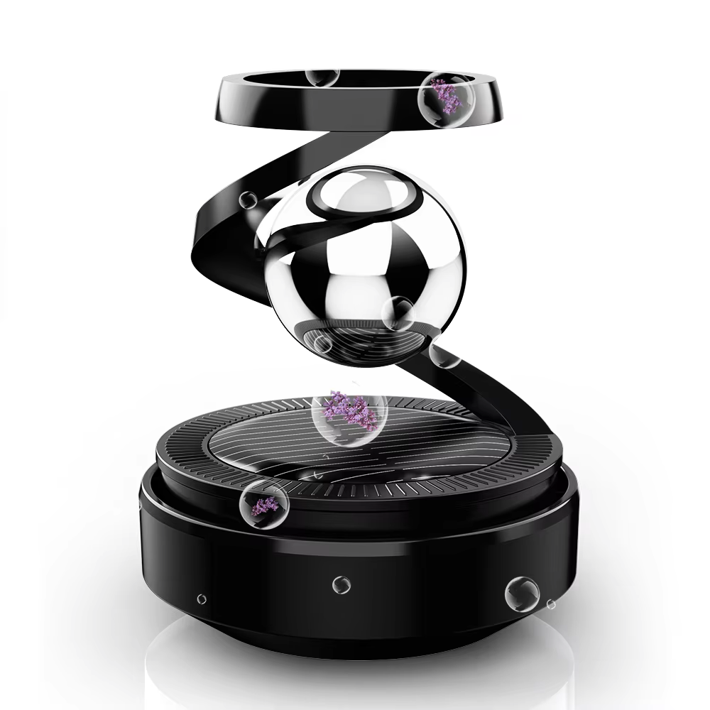 Solar-Powered Rotating Car Air Freshener–Suspension Perfume Diffuser Black in stylish design with bubbles.