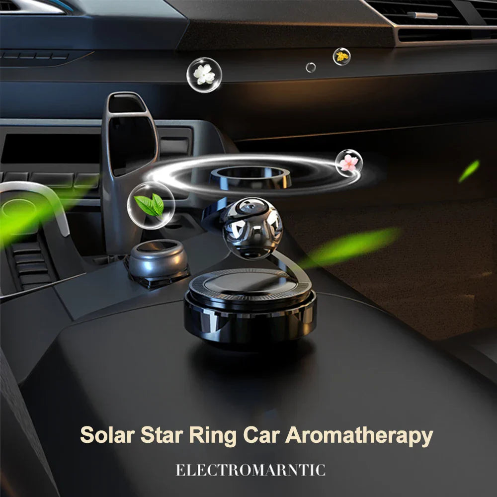 Solar-Powered Rotating Car Air Freshener–Suspension Perfume Diffuser Black in a car interior with aromatherapy features.