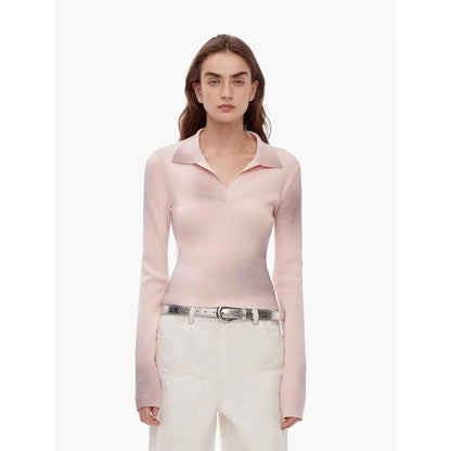 "Artistic Abstract" sfumato distressed printed merino wool waisted polo collar long sleeve short knit sweater - Modz Designs