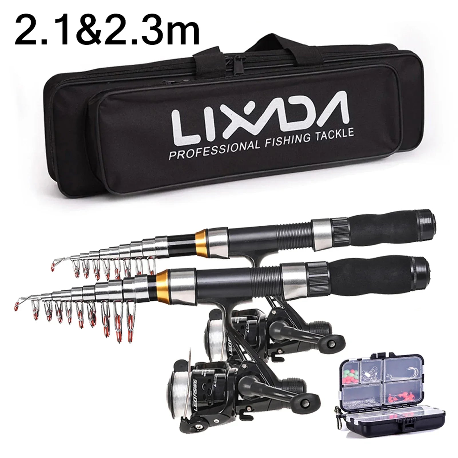2.1m / 2.3m Telescopic Fishing Rod & Reel Combo Full Kit Black-1