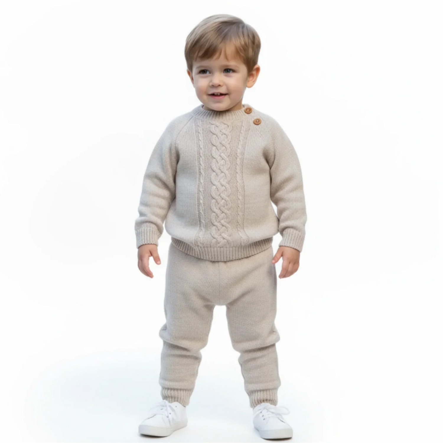 Twist Baby Jogger Set featuring a cozy cable knit pullover and matching pants for toddlers.