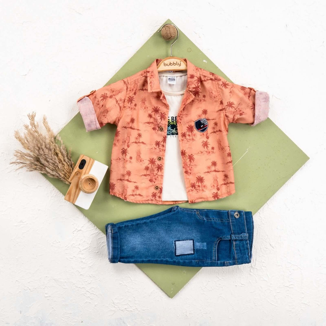 boys casual set for family outings Chill Champ Boys Casual Set featuring a stylish shirt, printed t-shirt, and jeans for a trendy look.
