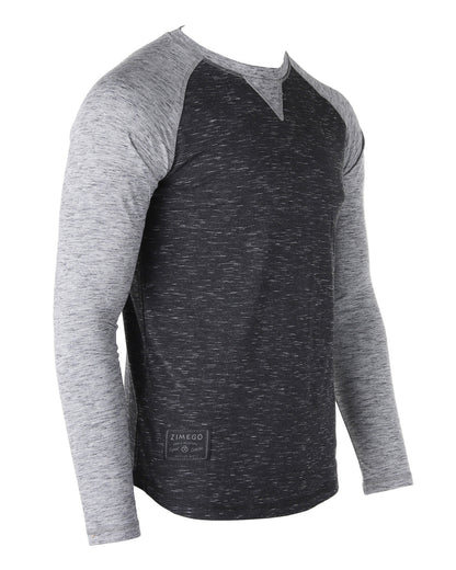 ZIMEGO Men Athletic Fit Baseball Retro Contrast Long Sleeve Raglan T-Shirt in gray and black with slim athletic fit.