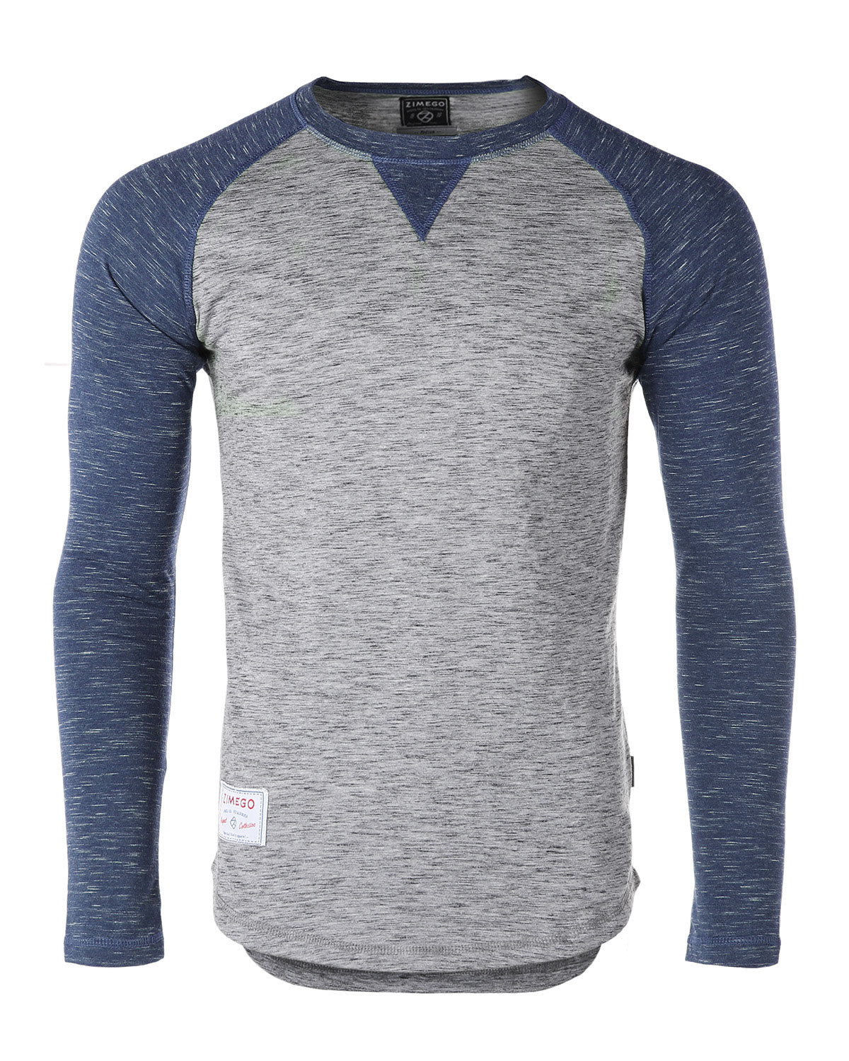 ZIMEGO Men Athletic Fit Baseball Retro Contrast Long Sleeve Raglan T-Shirt in gray and blue colors.
