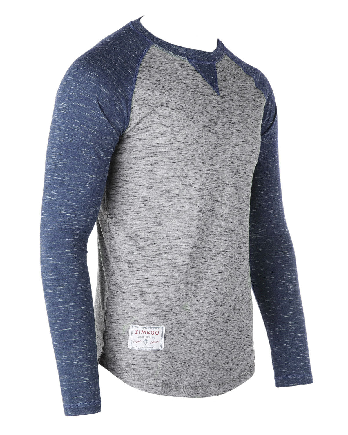 ZIMEGO Men Athletic Fit Baseball Retro Contrast Long Sleeve Raglan T-Shirt in grey and navy blue color combination.