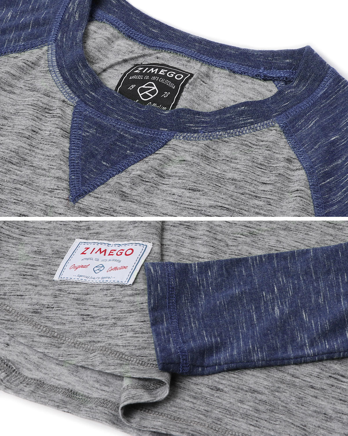 ZIMEGO Men Athletic Fit Baseball Retro Contrast Long Sleeve Raglan T-Shirt close-up of collar and sleeve details.