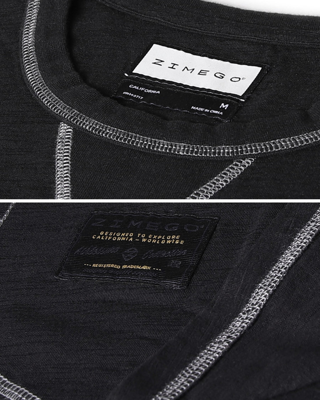 Label and stitching details of the ZIMEGO Signature Classic Long Sleeve Crew Neck T-Shirt for Men.