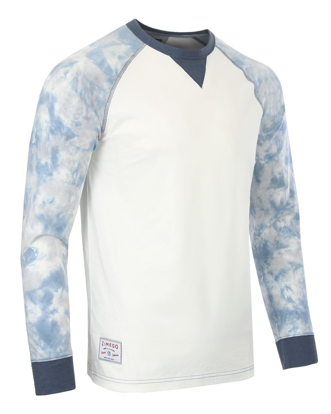Mens Long Sleeve Tie Dye Modern Fit Stretch Contrast Raglan Casual Crew Neck T-Shirts in blue and white.