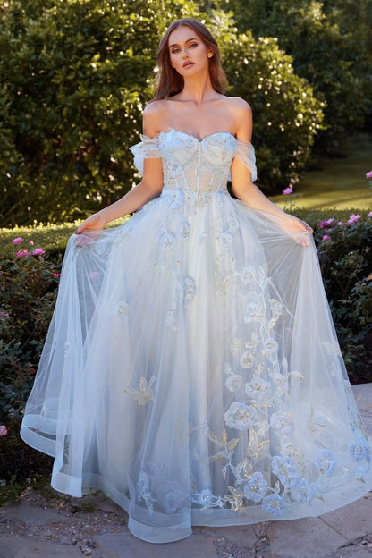 Off The Shoulder Floral Applique Ball Gown with floral embellishments and tulle sleeves in a garden setting.