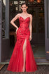 mermaid sequin floral Gown featuring a strapless neckline in red with floral embellishments and a high slit.