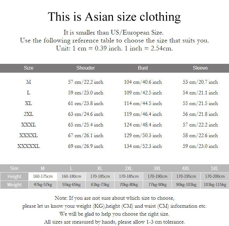 Asian size clothing chart with measurements for M, L, XL, 2XL, 3XL, 4XL, and 5XL, including height and weight recommendations.