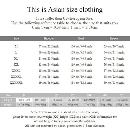 Asian size clothing chart with measurements for M, L, XL, 2XL, 3XL, 4XL, and 5XL, including height and weight recommendations.
