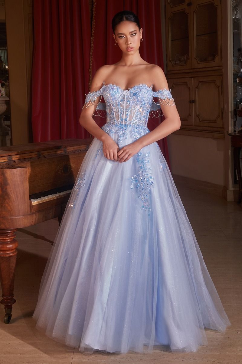 Off The Shoulder Tulle Ball Gown featuring lace appliques and a layered glitter skirt in soft blue.