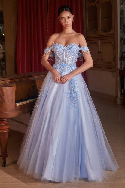 Off The Shoulder Tulle Ball Gown featuring lace appliques and a layered glitter skirt in soft blue.