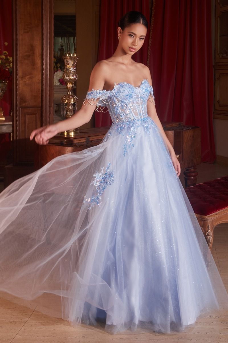 Off The Shoulder Tulle Ball Gown with lace appliques and a layered glitter tulle skirt in soft blue.