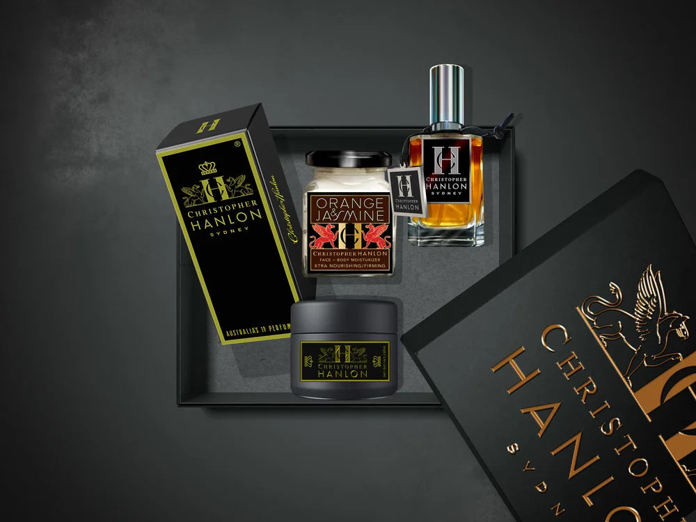 WOMEN ANTI ÂGE SKINCARE + PERFUME | Normal + Norm -Dry luxury gift set presented in a Christopher Hanlon box.