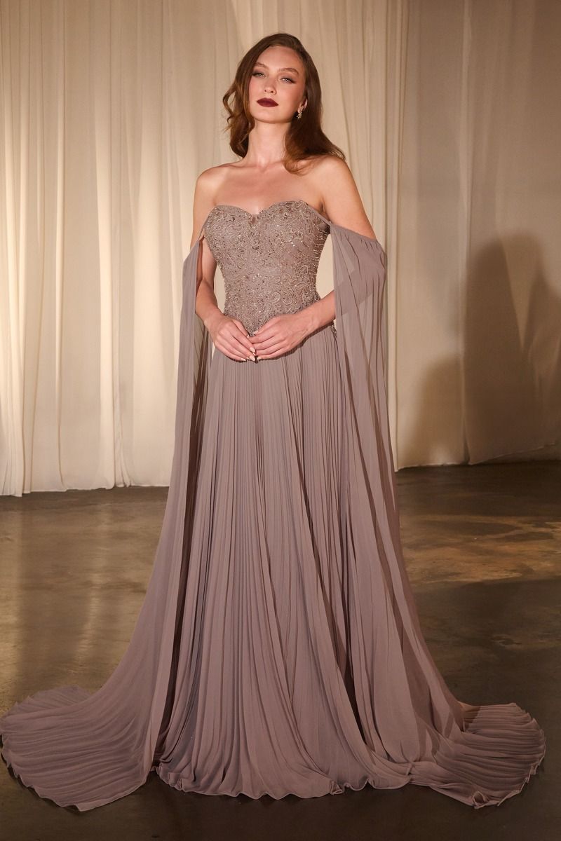 Pleated A-Line Gown With Cape Sleeves showcasing a lace bodice and flowing pleats in a sophisticated design.