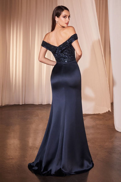 Off The Shoulder Satin &amp; Beaded Gown