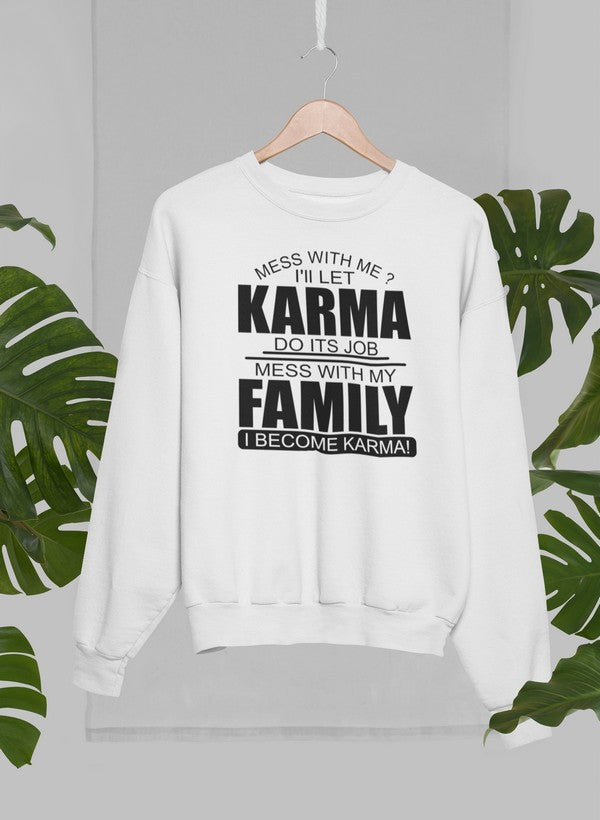 Mess With Me Sweat Shirt featuring a bold text design on a white fleece in a stylish display with tropical leaves.
