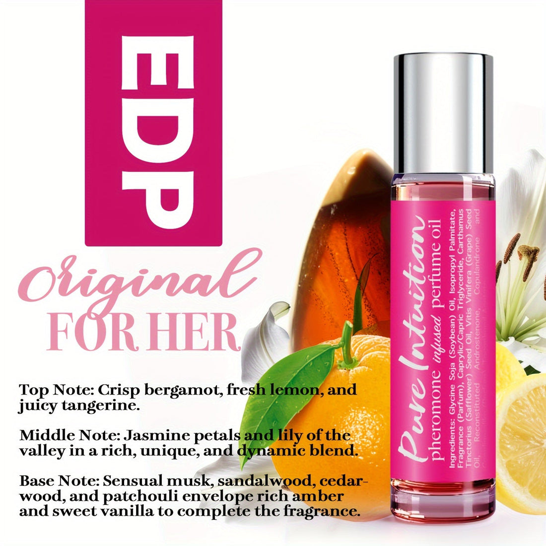 Infused Pheromone Perfume Oil Cologne bottle with vibrant notes of bergamot, tangerine, and jasmine petals.