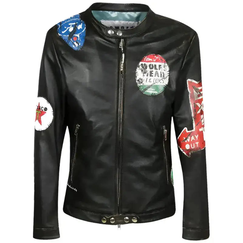 Unisex Fashion Printed Leather Jacket showcasing bold patches and a sleek design, perfect for a stylish wardrobe upgrade.