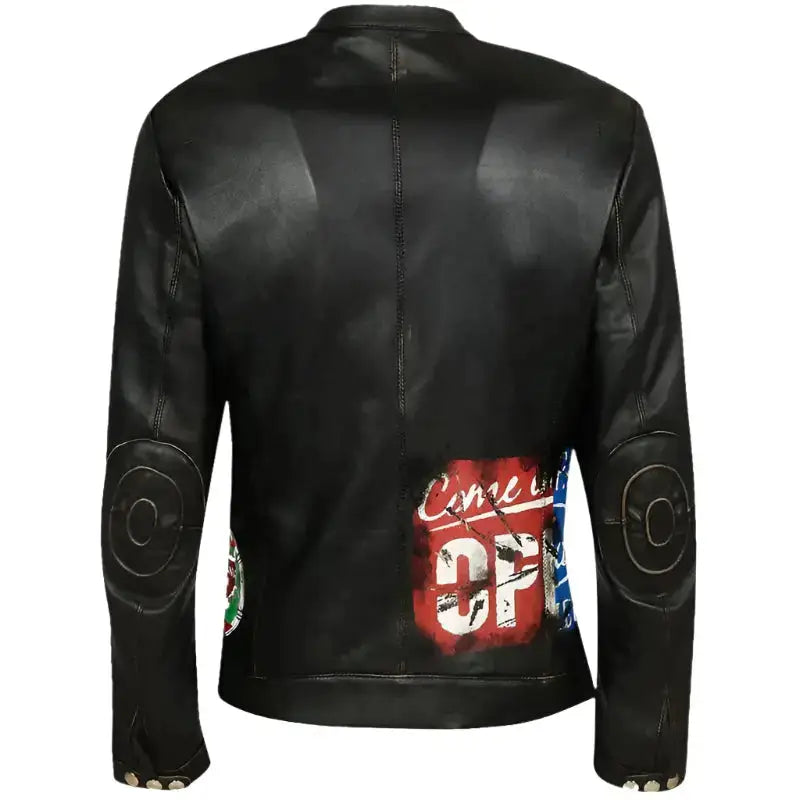 Back view of Unisex Fashion Printed Leather Jacket showcasing patterned details and sleek design.