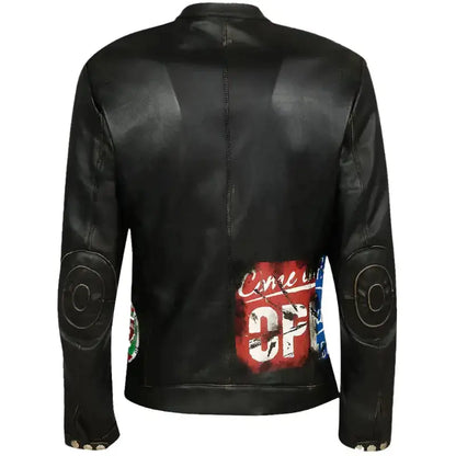 Back view of Unisex Fashion Printed Leather Jacket showcasing patterned details and sleek design.